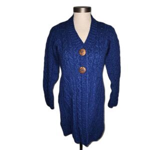 Carraig Donn Royal Blue 100% Merino Wool Cable Knit Cardigan Sweater